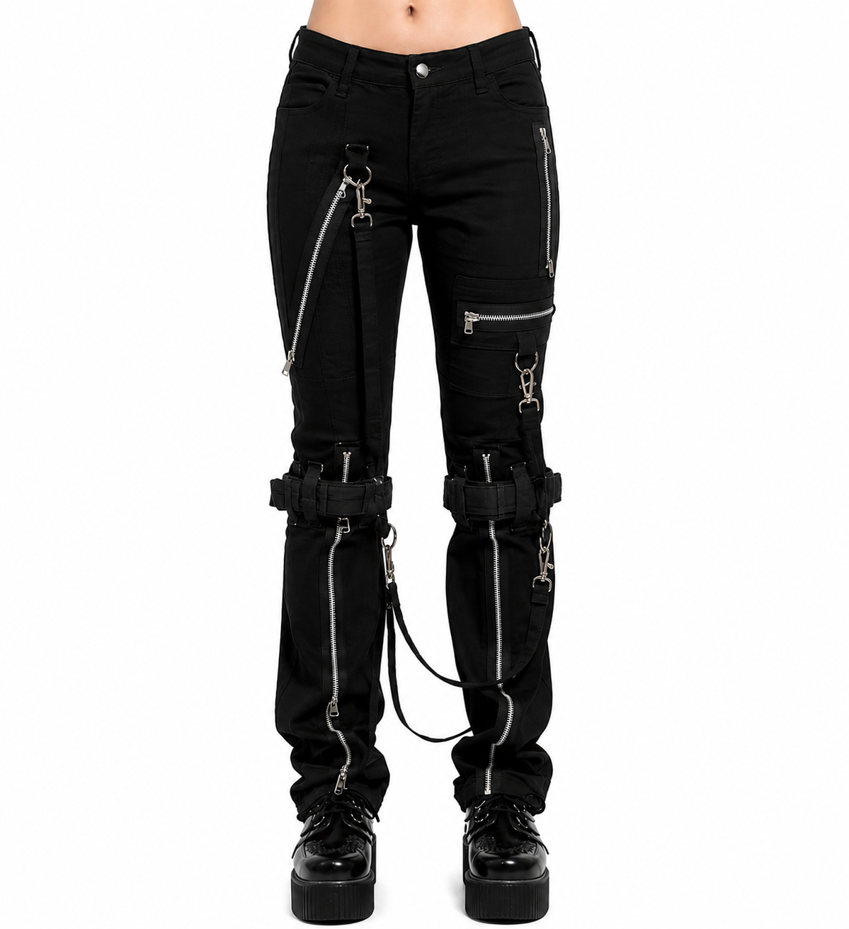 Black Gothic Punk Cargo Pants Slim Fit Zip Detail Alternative Streetwear Festival Fashion